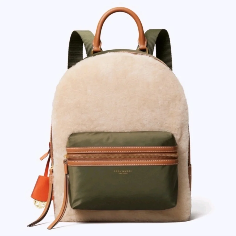 Tory Burch Perry Shearling & Nylon Backpack - Olive/Cream